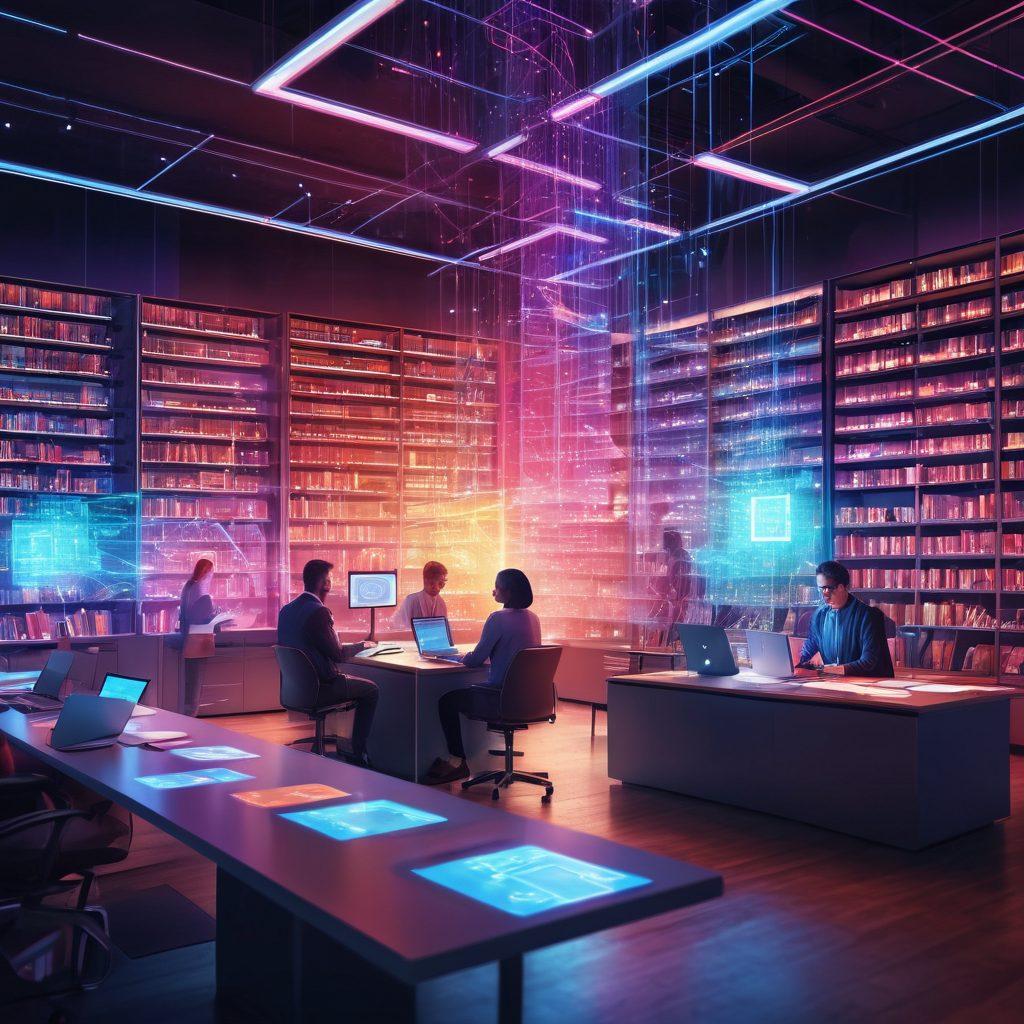 A stylized illustration of a futuristic library filled with digital shelves, showcasing colorful database icons and archive files interconnected with glowing data streams. In the foreground, a group of diverse professionals intensely collaborating over a holographic display of database strategies, with bright light illuminating the scene. The background features abstract representations of data flow and connectivity. vibrant colors. digital art. futuristic style.